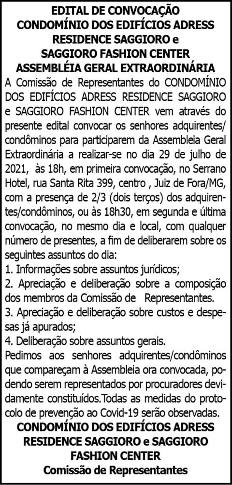 Cond. dos Edifícios Adress Residence Saggioro e Saggioro Fashion Center 4 1 SAGGIORO