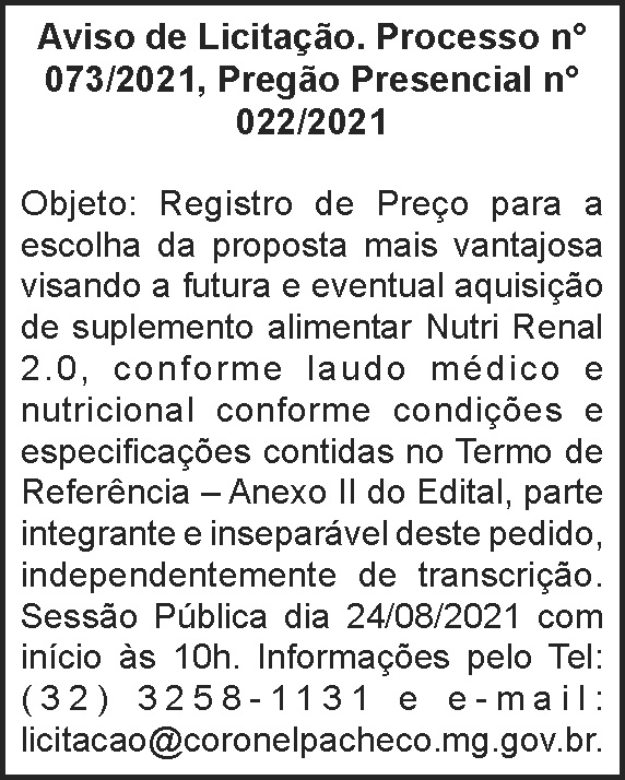 Aviso de Licitação - Processo Nº 73 4 1 CORONEL 073