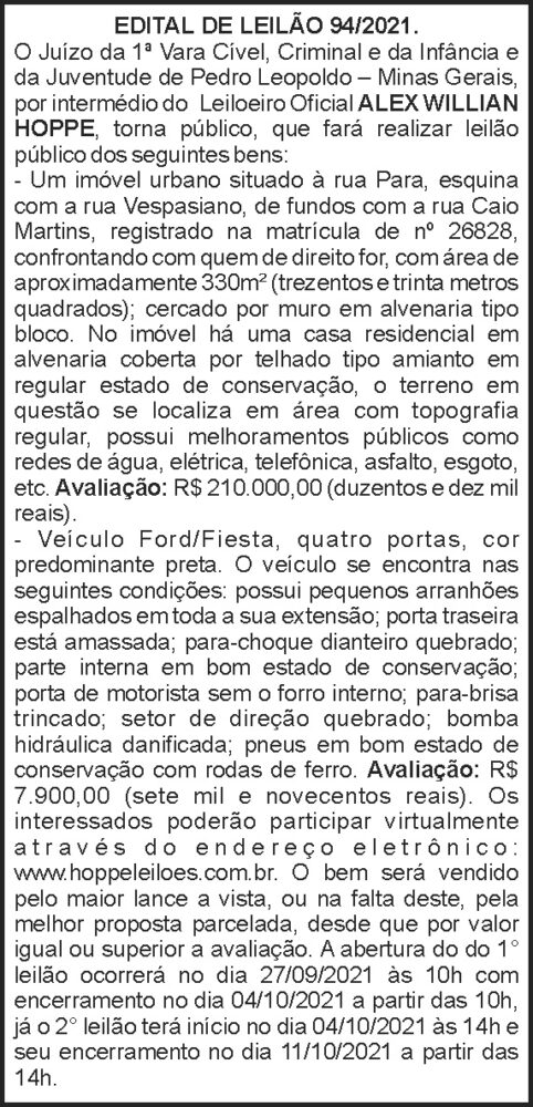 Edital de Leilão - Imóvel e Ford Fiesta 4 1 LEILAO 94