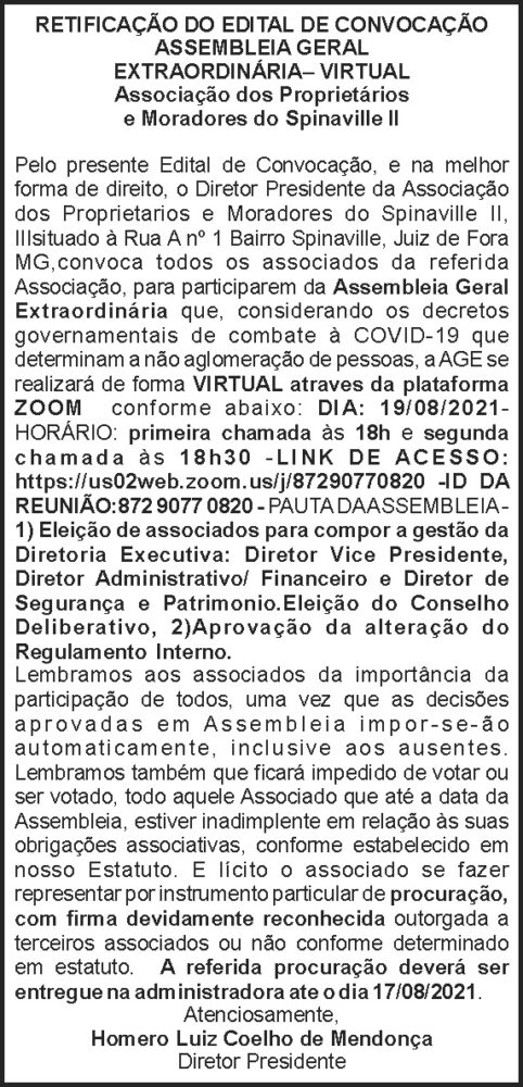 Retificação do Edital de Convocação - Associação dos Proprietários e Moradores do Spinaville 4 1 SPINAVILLE