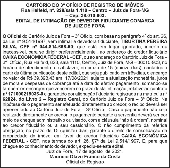 Edital de Intimação de Devedor Fiduciante - Cartório do 3º Ofício 4 1 TIBURTINA 2