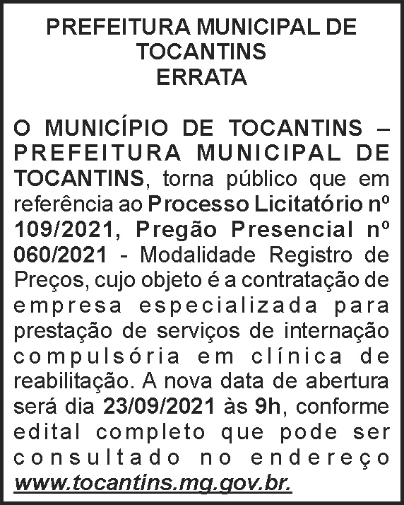 Errata - Prefeitura de Tocantins 4 1 TOCANTINS
