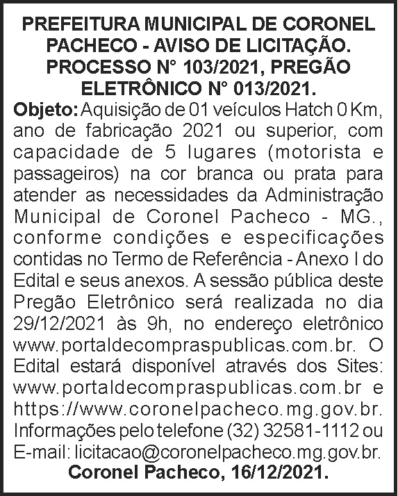Aviso de licitação - Coronel Pacheco 4 1 CORONEL 103