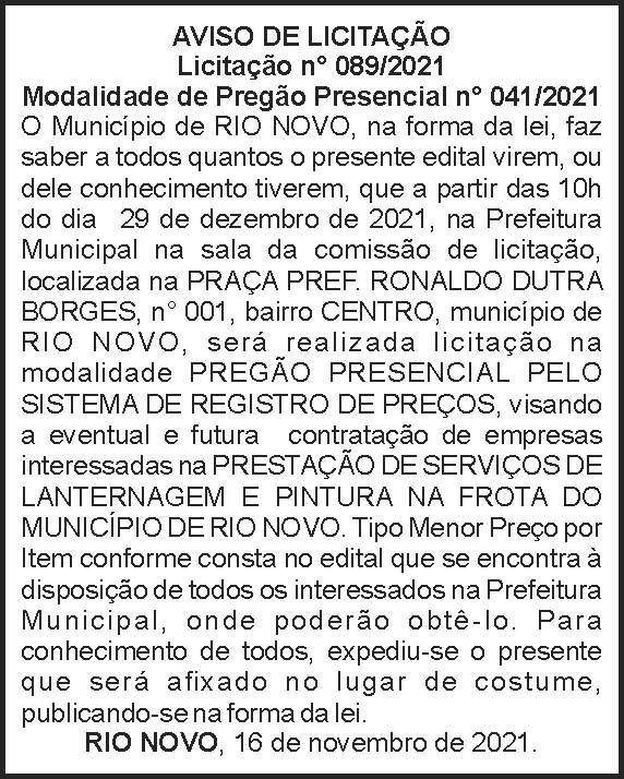 Aviso de licitação - Rio Novo 4 1 RIO NOVO 089