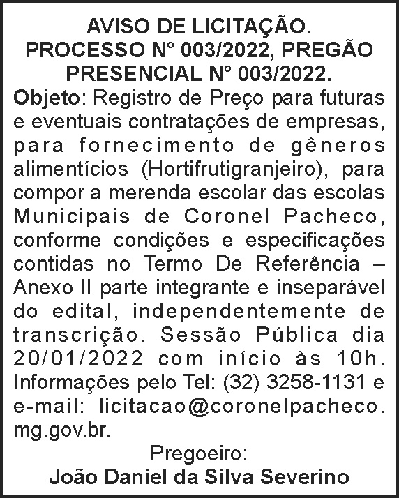 Coronel Pacheco - Pregão presencial 3 4 1 CORONEL 003