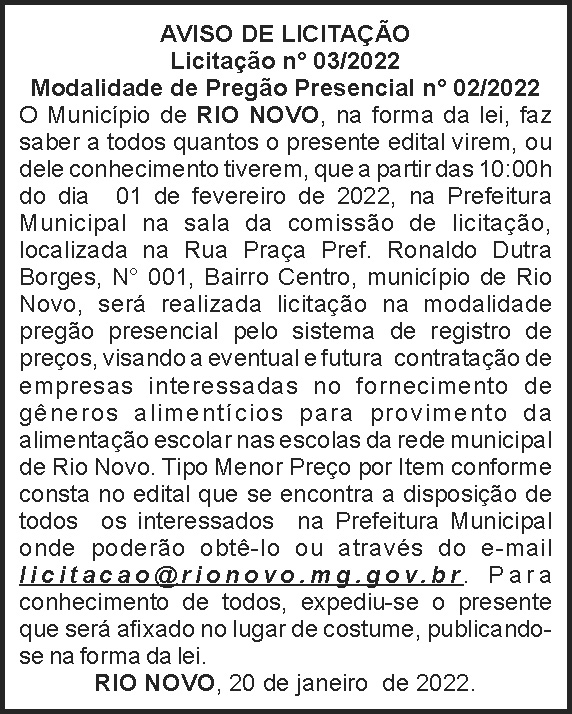 Rio Novo - Aviso de licitação 03 4 1 RIO NOVO 03