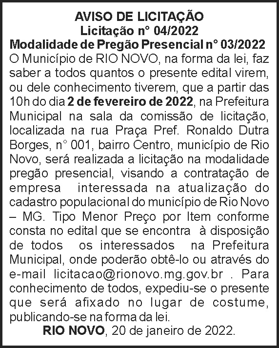 Rio Novo - Aviso de licitação 04 4 1 RIO NOVO 04