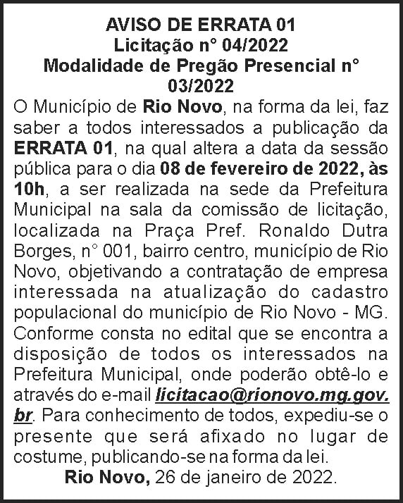 Rio Novo - Aviso de errata 04 4 1 RIO NOVO ERRATA 4