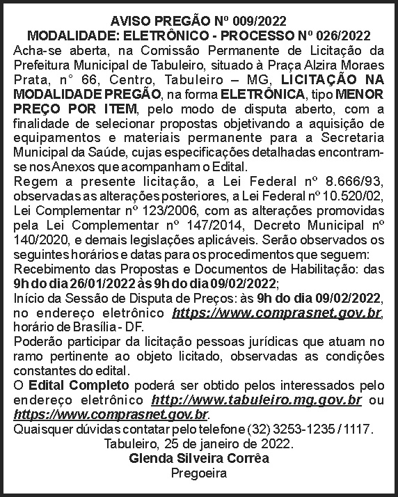 Tabuleiro - Aviso de pregão 4 1 TABULEIRO 009