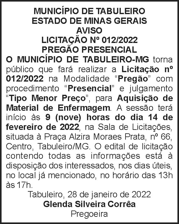 Tabuleiro - Pregão presencial 4 1 TABULEIRO 012