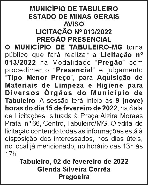 Tabuleiro - Pregão presencial 4 1 TABULEIRO 013