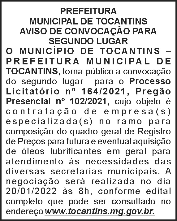Tocantins - Convocação segundo lugar 4 1 TOCANTINS 164