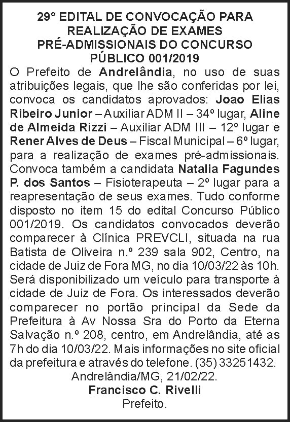 Andrelândia Convocação 29º 4 1 ANDRELANDIA 029