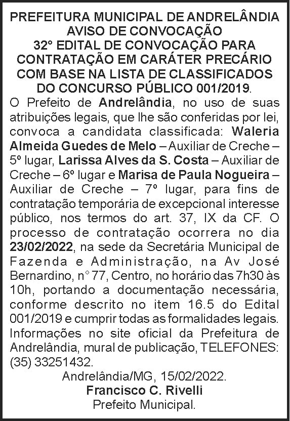Prefeitura de Andrelândia - Convocação 32º 4 1 ANDRELANDIA 032