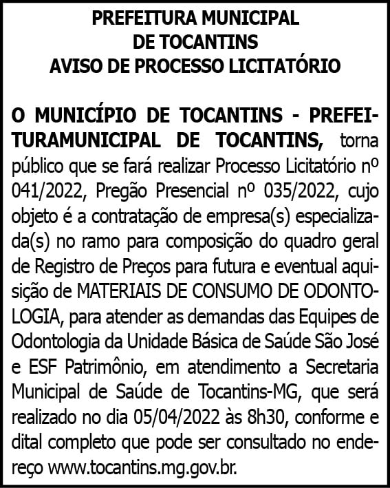 Prefeitura de Tocantins - Pregão Presencial 035/2022 4 1 TOCANTINS 041