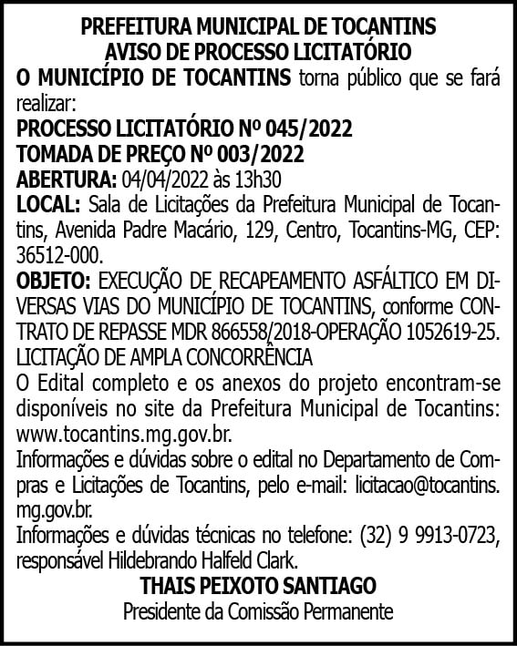 Processo Licitatório- n°045/2022 4 1 TOCANTINS 045