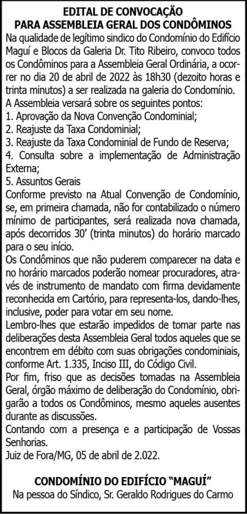 EDITAL DE CONVOCAÇÃO PARA ASSEMBLEIA GERAL DOS CONDÔMINOS 4 1 MAGUI