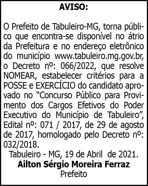 AVISO / O Prefeito de Tabuleiro-MG 4 1 TABULEIRO 2