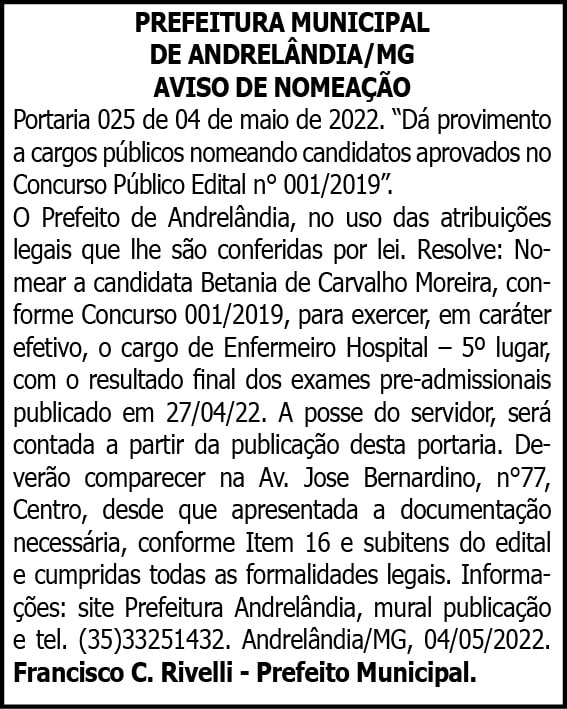 PREFEITURA MUNICIPAL DE ANDRELÂNDIA/MG AVISO DE NOMEAÇÃO 4 1 ANDRELANDIA