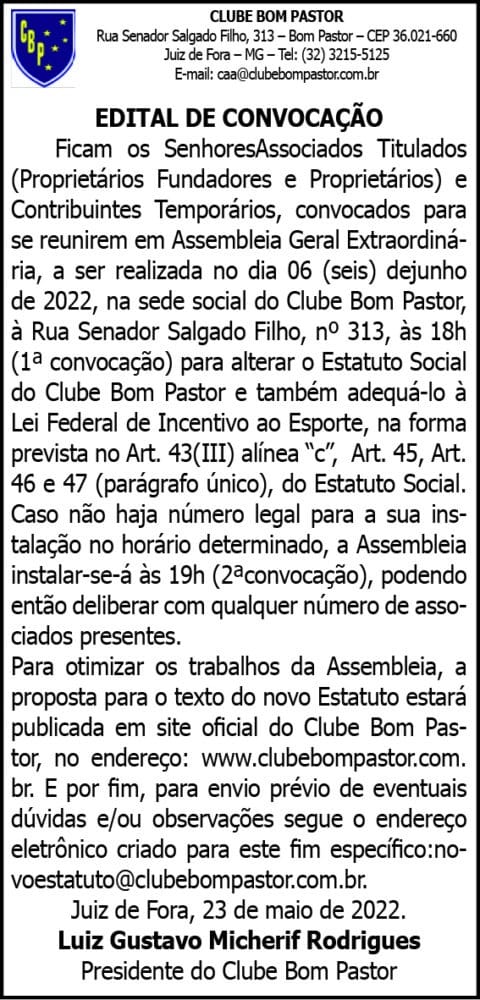 CLUBE BOM PASTOR / EDITAL DE CONVOCAÇÃO 4 1 BOM PASTOR 1