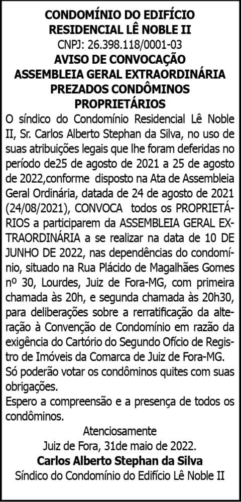 AVISO DE CONVOCAÇÃO ASSEMBLEIA GERAL EXTRAORDINÁRIA 4 1 LE NOBLE CORRETO