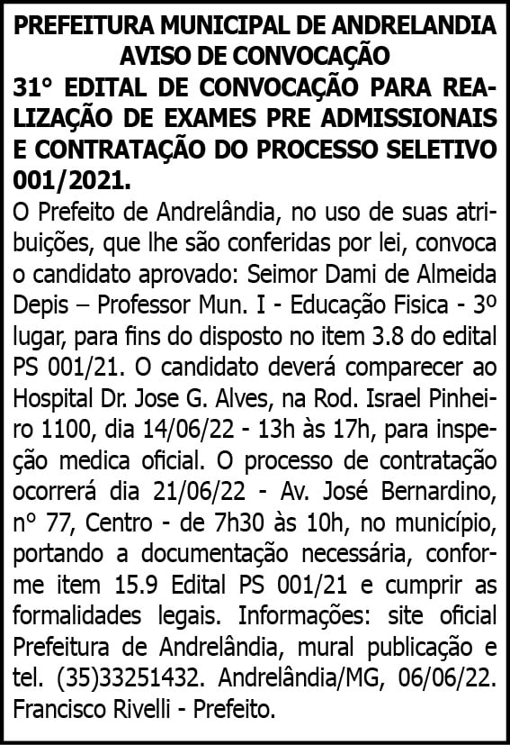 PREFEITURA MUNICIPAL DE ANDRELANDIA AVISO DE CONVOCAÇÃO 4 1 ANDRELANDIA 31
