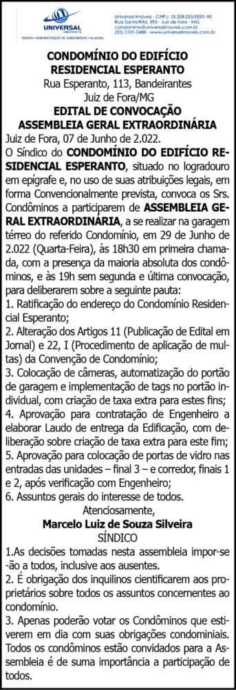 CONDOMÍNIO DO EDIFÍCIO RESIDENCIAL ESPERANTO 4 1 FAM