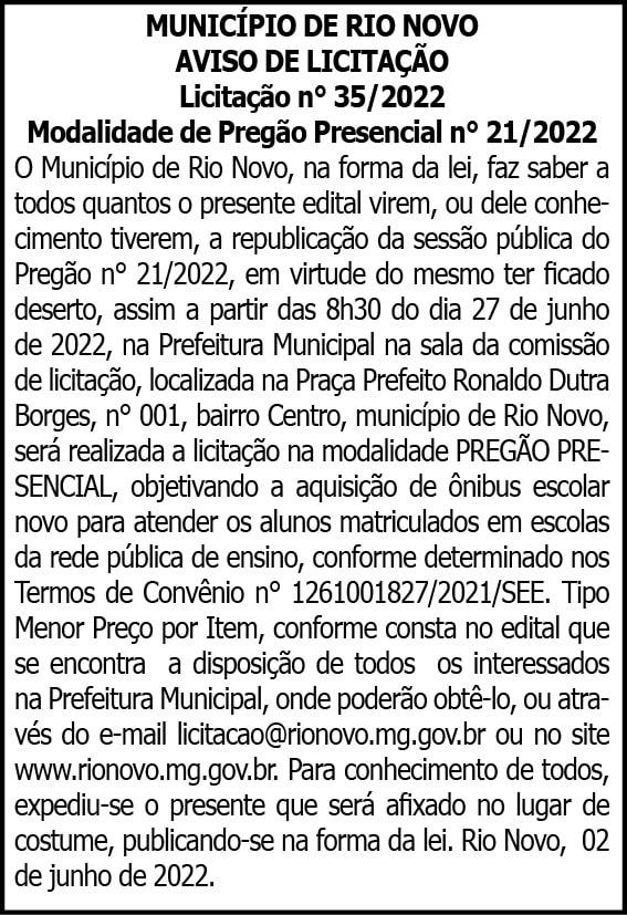 MUNICÍPIO DE RIO NOVO AVISO DE LICITAÇÃO 4 1 RIO NOVO 35
