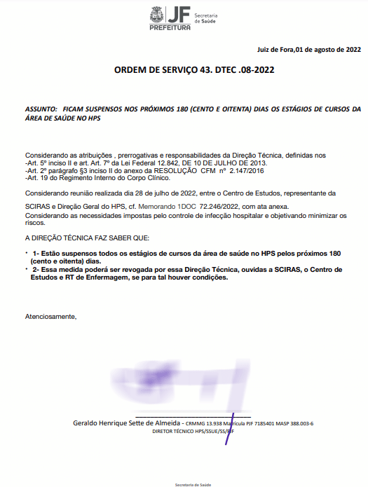 PJF retoma contratação de parte dos estagiários após dispensa no HPS 1 fac simile dispensa estagiarios 1