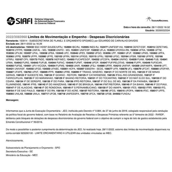 UFJF e IF Sudeste estão incluídas em bloqueio do Governo federal 1 siafi comunicado by redes sociais