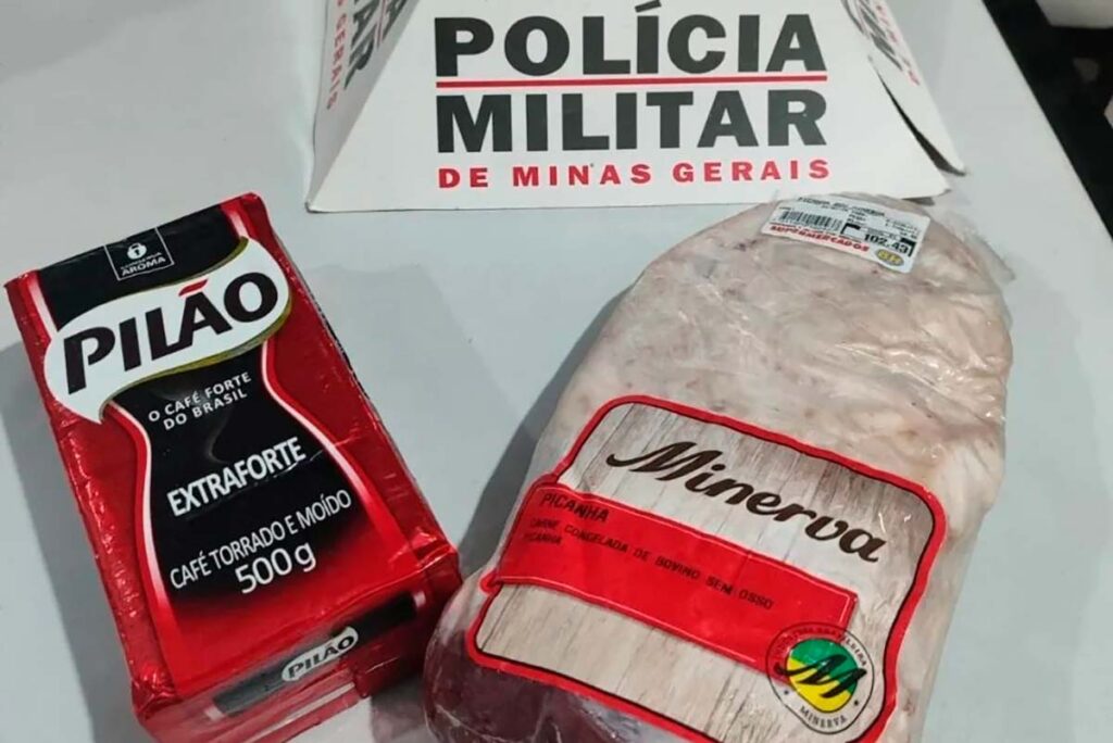 Homem é preso ao tentar furtar picanha e café de supermercado 2 muriae furto cafe e picanha pmmg destacada
