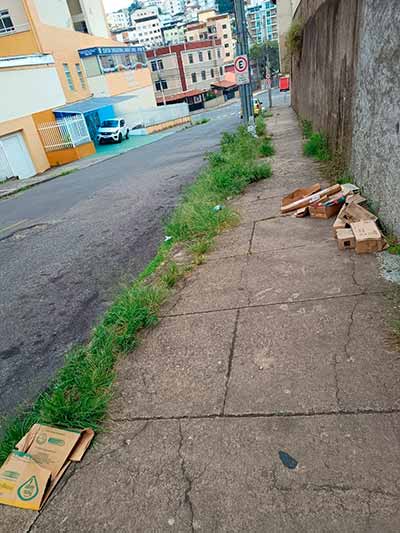Calçada tomada por mato prejudica locomoção de pedestres no Bonfim 1 Calçada tomada por mato prejudica locomoção de pedestres no Bonfim