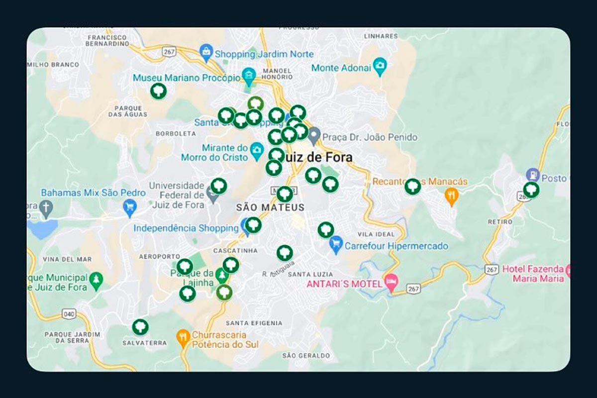 Tempestade e vendaval em JF deixam pessoa ilhada, árvores caídas, ruas alagadas e mais de 70 mil sem energia elétrica 3 Pontos de quedas de árvores em Juiz de Fora, segundo a Prefeitura (Foto: Reprodução / Instagram PJF em Alerta)