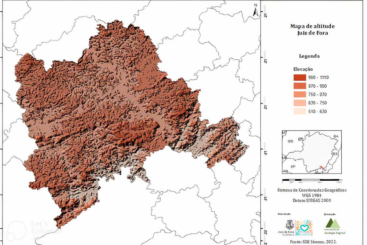 Juiz de Fora é a quinta cidade com mais ocorrências de desastres naturais em 2024 2 Mapa de altitude e relevo de Juiz de Fora Fonte: Diagnóstico do Plano Municipal da Mata Atlântica de Juiz de Fora 2024 PJF/UFJF