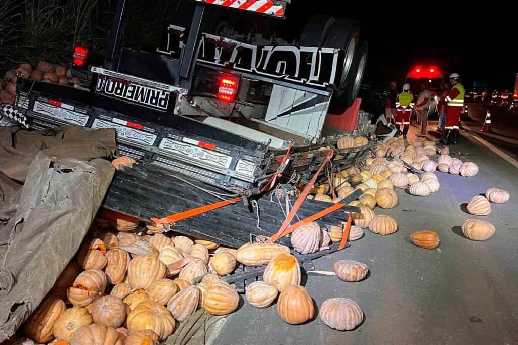 Caminhão carregado com abóbora tomba na BR-116 e motorista morre no local 3 br 116 abobora bombeiros