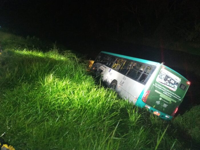 Ônibus com sete passageiros cai às margens do Rio Paraibuna 1 onibus paraibuna foto bombeiros 2