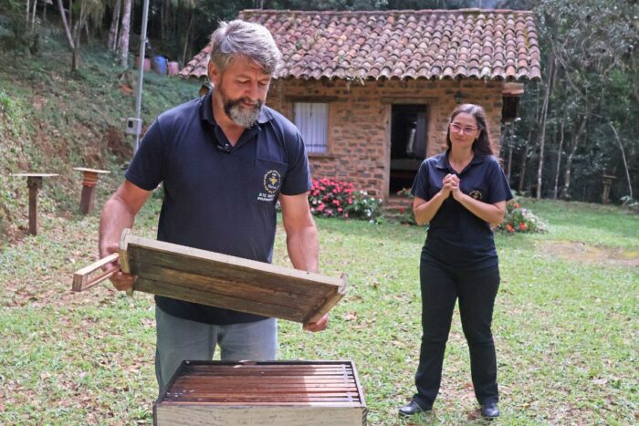 Com criação de abelhas e produção de mel, casal mantém reserva e proporciona experiências a visitantes 1 Com criação de abelhas e produção de mel, casal mantém reserva e proporciona experiências a visitantes