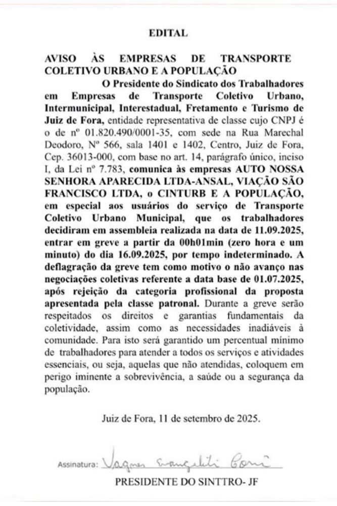 Trabalhadores rodoviários anunciam greve em Juiz de Fora 1 EditalGreve