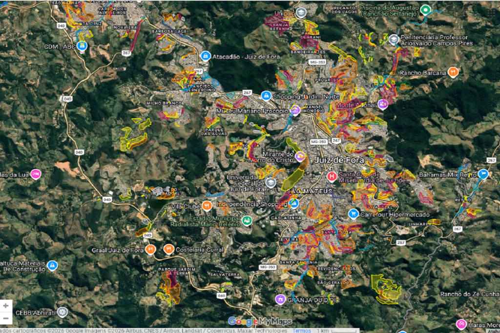 Morro do Cristo está entre áreas citadas em mapeamento de risco usado no monitoramento do Cemaden desde 2017 1 mapa pjf