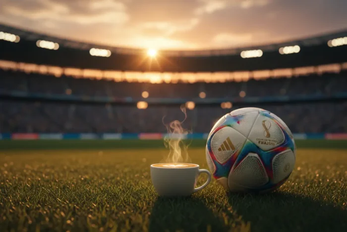 Em campo representando o café brasileiro, uma xícara ao lado de uma bola