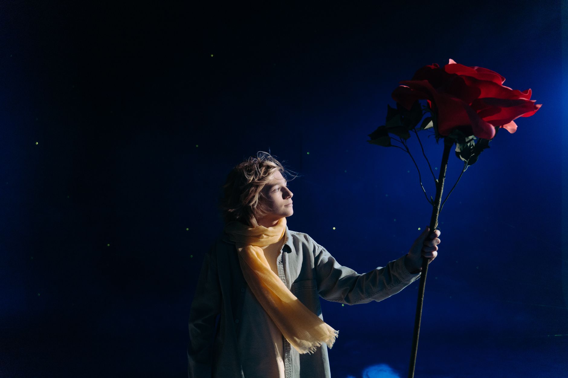 “É uma loucura odiar todas as rosas só porque uma te espetou”: a frase de O Pequeno Príncipe que traz uma reflexão sobre o amor e as decepções 1 Um menino jovem com um cachecol amarelo segura uma rosa vermelha gigante sob um céu noturno azul estrelado.