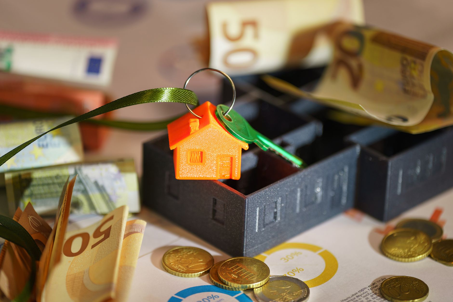 Idosa de 87 anos pagava €500 de aluguel, mas depois que o imóvel mudou de dono o valor chegou a €2.650 e fez ela ser despejada do local onde viveu desde 1956 1 Imagem representando investimento imobiliário com chaveiro, euros e gráficos financeiros.
