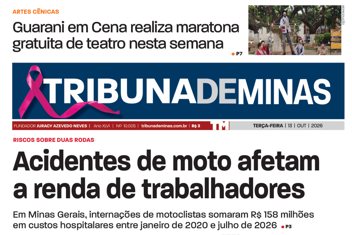 Acidentes de moto e impactos na renda de trabalhadores são destaque na Tribuna de Minas desta terça-feira, dia 13