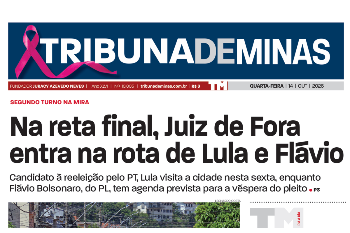 Eleições 2026: visitas de Lula e Flávio Bolsonaro a Juiz de Fora são destaque na Tribuna de Minas desta quarta-feira, dia 14