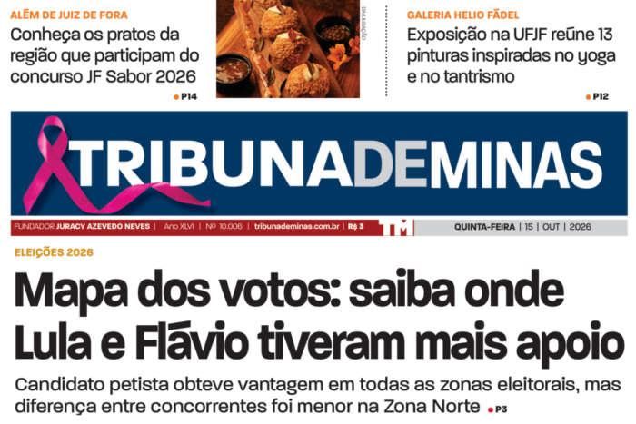 Mapa dos votos de Lula e Flávio Bolsonaro em Juiz de Fora é destaque na Tribuna de Minas desta quinta-feira, dia 15