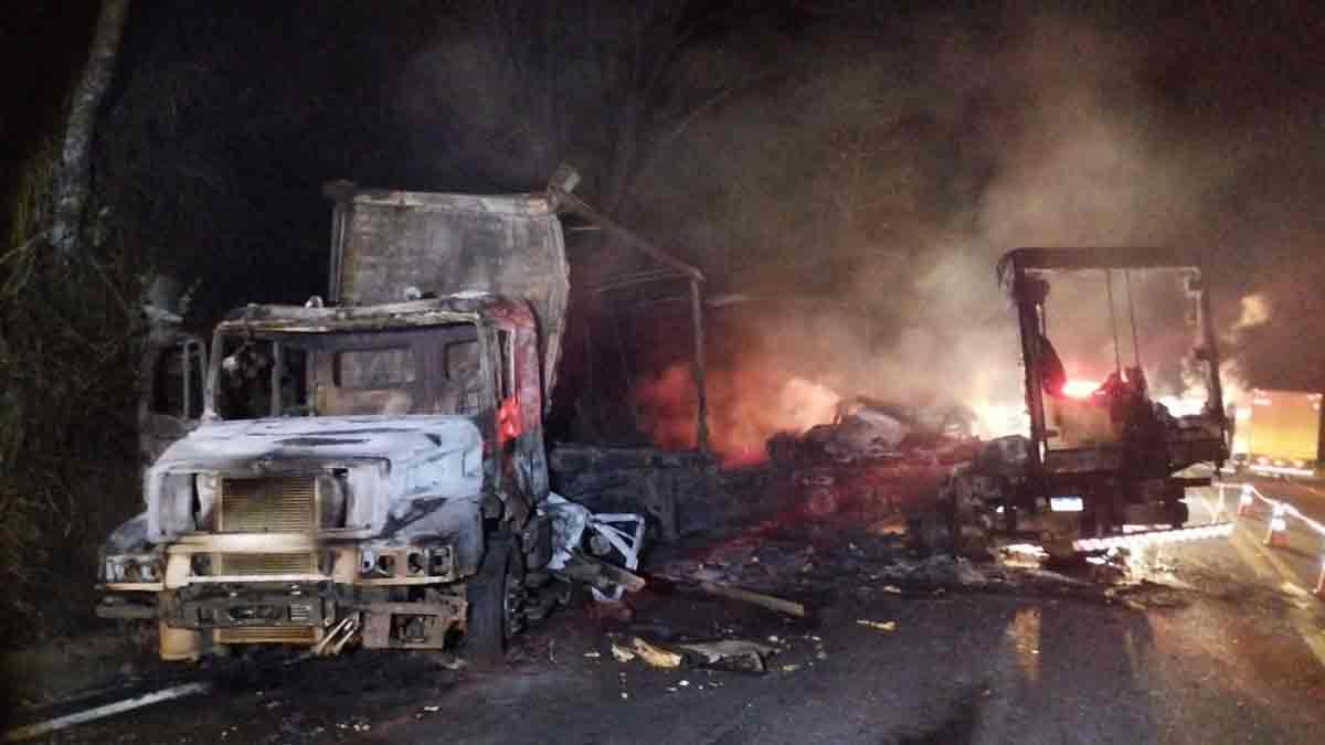 Motorista morre carbonizado após colisão entre caminhões na BR-116, em Muriaé